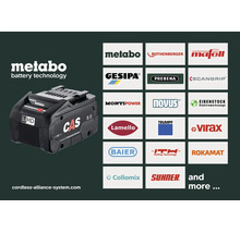 Acumulator Metabo LiHD cu logo-ul Cordless Alliance System și logo-urile mărcilor partenere participante.
