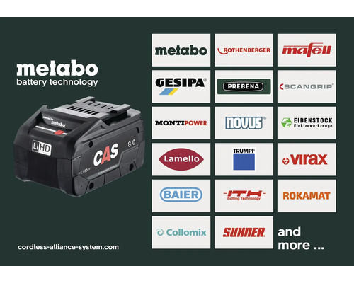 Acumulator Metabo LiHD cu logo-ul Cordless Alliance System și logo-urile mărcilor partenere participante.