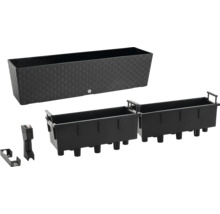Jardinieră dreptunghiulară din plastic cu textură, incluzând două inserții interioare și accesorii de irigare pentru balcon.