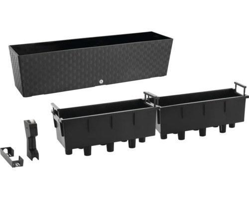 Jardinieră dreptunghiulară din plastic cu textură, incluzând două inserții interioare și accesorii de irigare pentru balcon.
