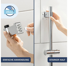 Suport bară de duș Grohe cu instrucțiuni de montaj prin lipire incluzând tub de adeziv pentru fixare ușoară pe perete placat cu faianță.
