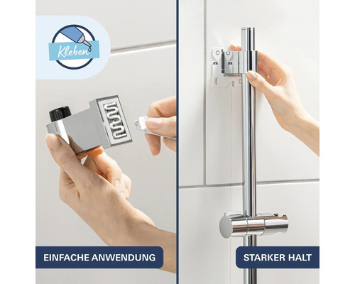 Suport bară de duș Grohe cu instrucțiuni de montaj prin lipire incluzând tub de adeziv pentru fixare ușoară pe perete placat cu faianță.