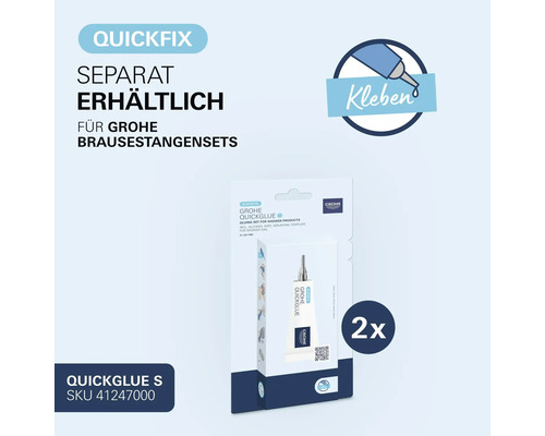 Set adeziv Grohe QuickGlue S pentru seturi de bare de duș în ambalaj blister, incluzând două tuburi de adeziv și accesorii pentru montaj fără găurire