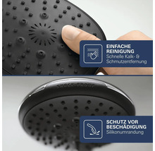 Cap de duș cu duze din silicon pentru curățare ușoară și margine din silicon rezistentă la șocuri pentru protecție împotriva deteriorării.
