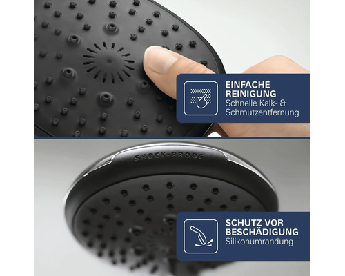 Cap de duș cu duze din silicon pentru curățare ușoară și margine din silicon rezistentă la șocuri pentru protecție împotriva deteriorării.