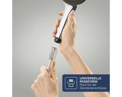 Mâini care țin capul de duș și furtunul de duș pentru montare simplă cu potrivire universală pentru toate racordurile standard.