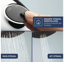Duș manual cu jet reglabil între modurile Rain și Jet prin buton pentru comutarea intuitivă a tipului de jet.