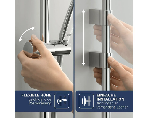Bară de duș Grohe cu reglare flexibilă a înălțimii și instalare simplă pentru montarea în găuri existente