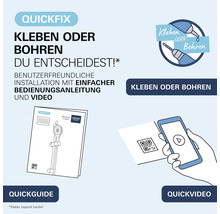 Ajutor de instalare Grohe QuickFix cu posibilitatea de a alege între lipire sau găurire, incluzând ghid rapid și instrucțiuni video pentru montaj.