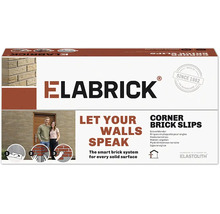 Ambalaj pentru cărămizi aparente de colț Elabrick cu exemple de aplicare și logo