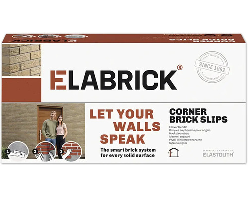 Ambalaj pentru cărămizi aparente de colț Elabrick cu exemple de aplicare și logo