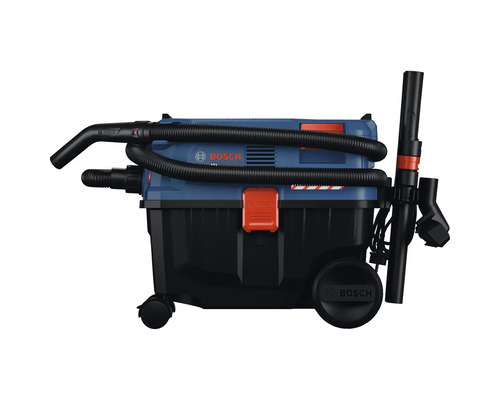 Aspirator umed uscat Bosch cu furtun de aspirare și accesorii.
