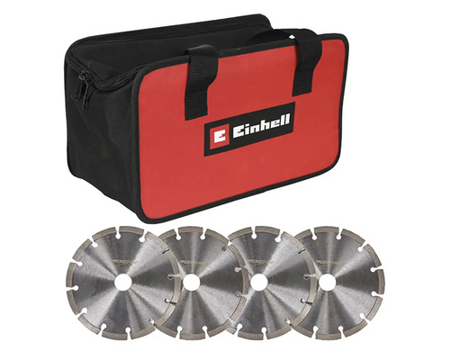 Set de accesorii Einhell format din patru discuri diamantate si o geanta de transport cu sigla Einhell