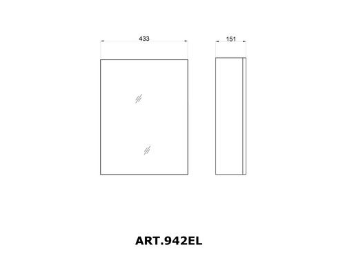 Desen tehnic al unui dulap cu oglindă cu dimensiunile 433 pe 151