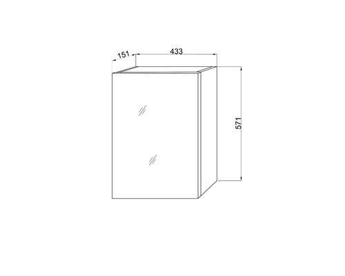 Desen tehnic al unui dulap de baie cu dimensiunile 433 x 151 x 571 milimetri