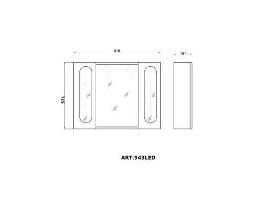 Desen tehnic al unui dulap cu oglindă cu indicații de dimensiuni.