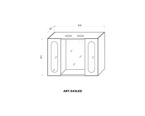 Desen tehnic al unui dulap de bază pentru lavoar cu iluminare LED și dimensiuni