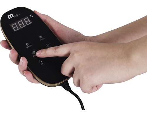 Element de control pentru o cadă cu hidromasaj gonflabilă cu afișaj și diverse taste funcționale în mână