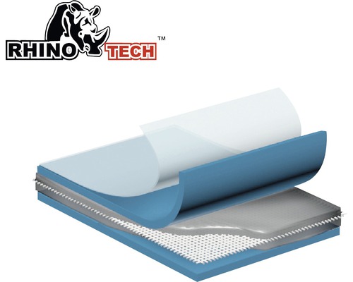 Logo Rhino Tech. Placă de construcție multistrat cu folie de protecție, strat impermeabil și țesătură pentru armare.