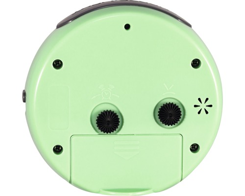 Partea din spate a unui ceas deșteptător rotund cu comenzi