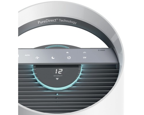 Prim-plan cu un purificator de aer cu afișaj digital al calității aerului și tehnologie PureDirect