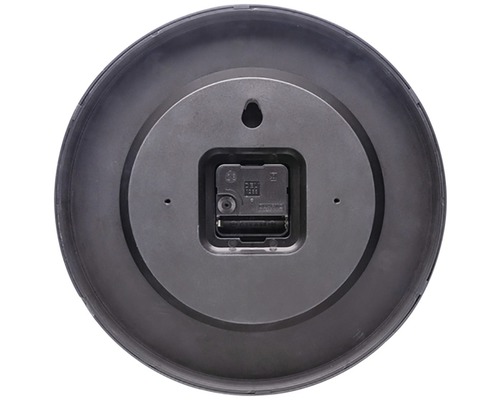 Partea din spate a unui ceas rotund de perete cu compartiment pentru baterii și dispozitiv de agățare