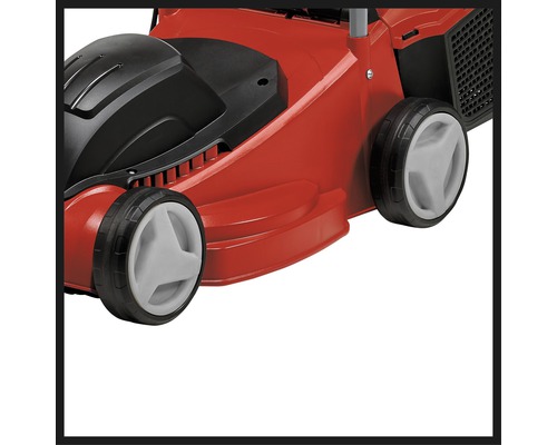 Vizualizare detaliată a unei mașini de tuns iarba cu roți.