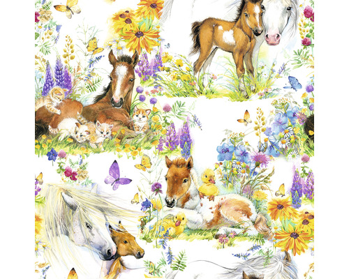 Ilustrație cu mânji, pisici, pui de rață și modele florale