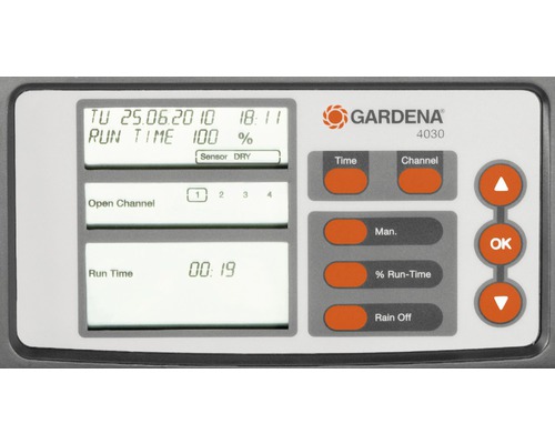 Sistem de irigații Gardena 4030 prim-plan cu comenzile și afișajul.