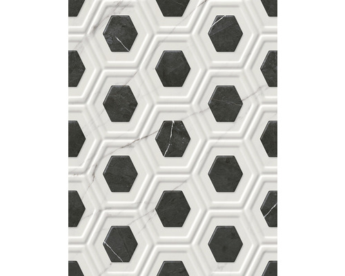 Plăci hexagonale în alb și negru pentru podea și perete