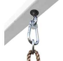 Cârlig de leagăn cu carabină și funie pe o grindă de lemn