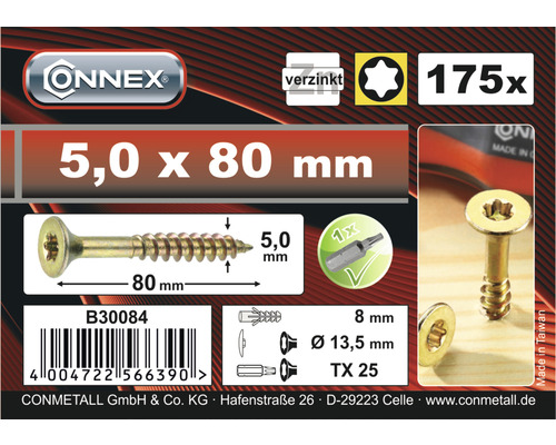Șuruburi pentru lemn ONNEX 5,0 x 80 mm, zincate, 175 bucăți
