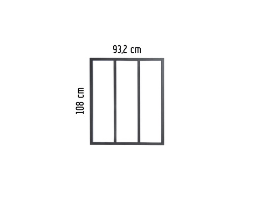 Element de gard din metal negru cu dimensiunile 93,2 cm x 108 cm.