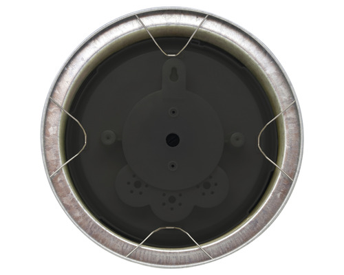 Spatele unui ceas de perete rotund cu ramă metalică și sistem de prindere