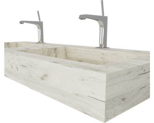 Chiuvetă din lemn cu două robinete