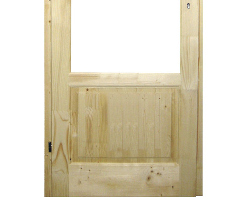 Ușă din lemn cu decupaj dreptunghiular în partea de sus și panou în partea de jos