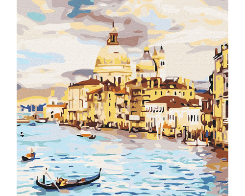 Pictură a unui peisaj urban pe apă cu gondole