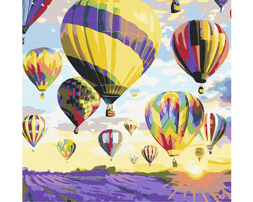 Baloane cu aer cald colorate deasupra câmpurilor de lavandă Pictură după numere motiv