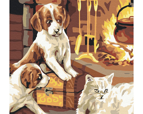 Pictură cu câini și pisică în fața unui șemineu