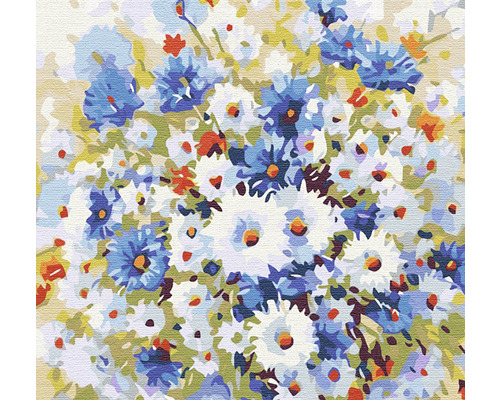 Prim-plan al unui tablou cu flori cu flori albe și albastre