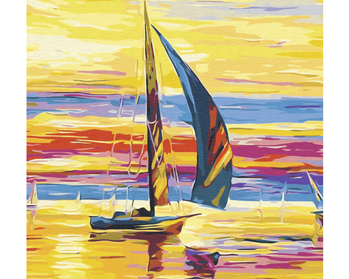 Pictură cu bărci cu pânze pe mare