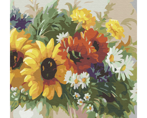 Pictură cu floarea-soarelui, maci și margarete