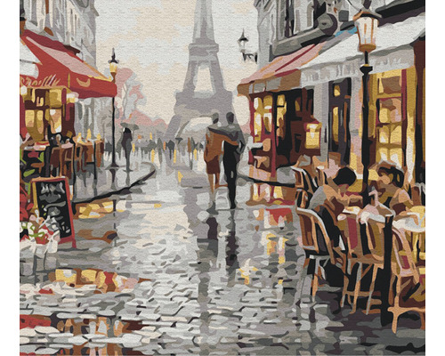 Pictură cu o scenă stradală din Paris, cu Turnul Eiffel în fundal, cafenele și oameni