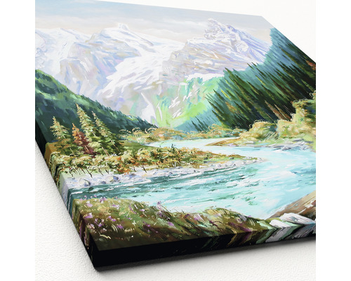 Pictură cu peisaj montan, râu și copaci