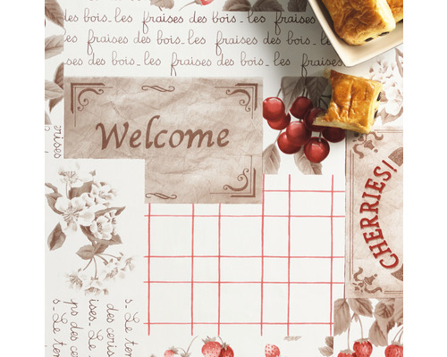 Față de masă cu motiv de cireșe, motiv de căpșune, motiv de flori și semn de bun venit