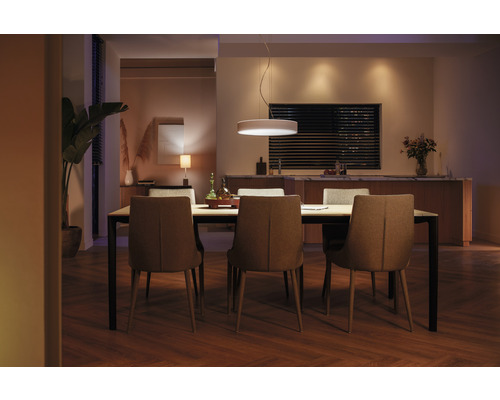 Sufragerie cu masă, scaune și lampă suspendată