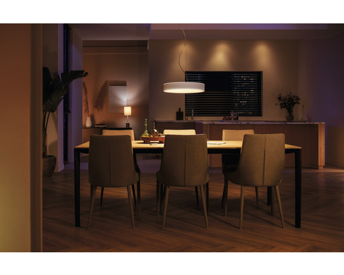 Sufragerie cu masă de dining, scaune și lampă suspendată pentru o atmosferă primitoare