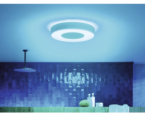 Baie cu plafonier rotund, duș și articole de toaletă