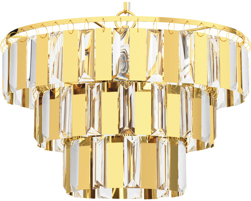 Candelabru din cristal cu mai multe straturi, cu accente aurii pentru iluminat elegant.