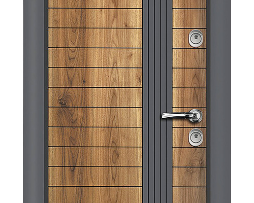 Ușă de intrare modernă cu aspect de lemn și mâner